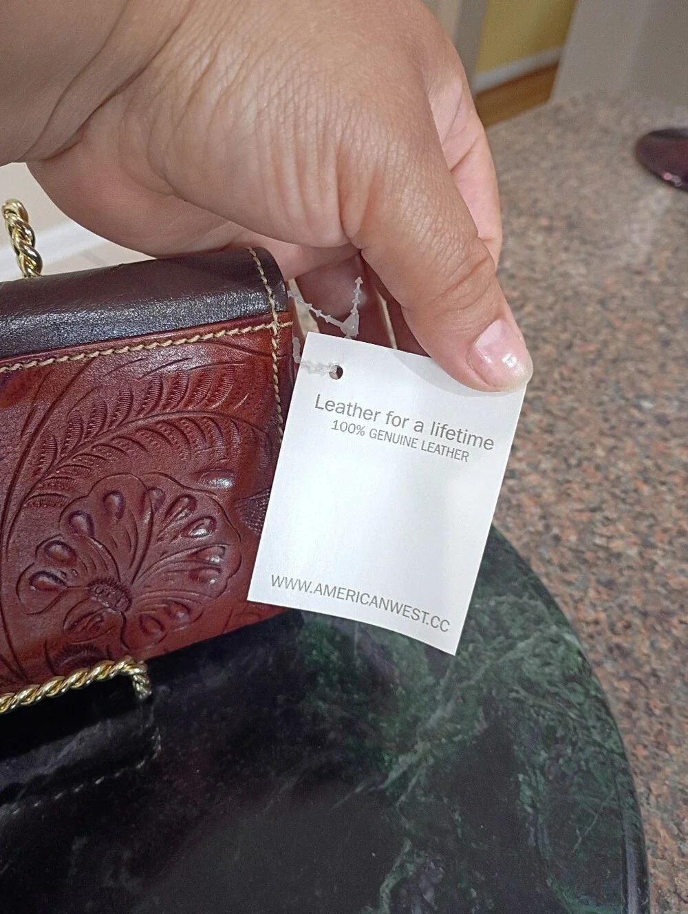 American West Handcrafted Brown Leather Clutch with Red Rose Embroidery